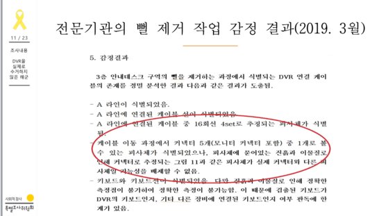 세월호 내부 뻘 제거작업 과정에 대해 영상 분석을 의뢰한 결과. '커넥터'로 추정되는 물체가 1개라는 분석 결과가 나와 있다.[사진 사회적탐사 특별조사위원회 제공]