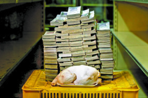 베네수엘라의 초인플레이션을 보여주는 상징적인 사진. 지난해 8월 카라카스의 한 상점에서 2.4㎏짜리 생닭 한 마리가 1460만 볼리바르(약 2500원)에 거래됐다. 베네수엘라는 화폐개혁을 통해 새 통화 ‘볼리바르 소베라노(최고 볼리바르)’를 도입하는 등 물가를 잡으려 애쓰고 있지만 올해 물가상승률은 세계 현대사에서 유례 없는 규모인 1000만%에 이를 것으로 예상된다. [로이터=연합뉴스]