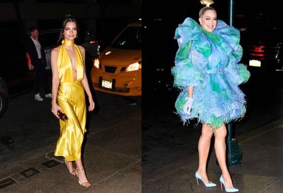 시상식을 방불케하는 화려한 패션을 선보인 모델 에밀리 라타이코프스키(왼쪽)와 가수 에리카 제인.