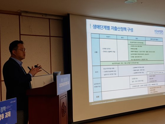 이상림 보건사회연구원 연구위원이 25일 오후 서울 여의도 국회 의원회관에서 열린 17차 저출산고령사회포럼에서 발표하고 있다.[사진 저출산고령사회위원회]