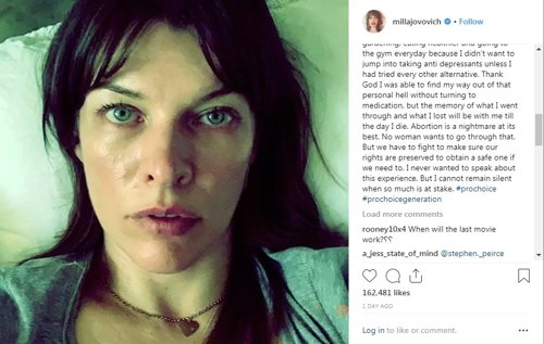 미국의 여배우 밀라 요보비치가 자신의 낙태 경험을 털어놓으며 최근 미국에서 확산되고 있는 낙태 금지 법안에 반대한다는 입장을 밝혔다. [사진 인스타그램]