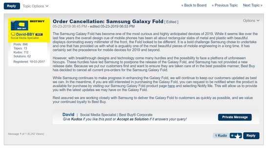 베스트바이는 ’삼성이 (출시가 연기된) 갤럭시폴드의 새로운 출시일을 알려주지 않고 있다“며 예약 구매분 취소 결정을 자사 게시판에도 올렸다.