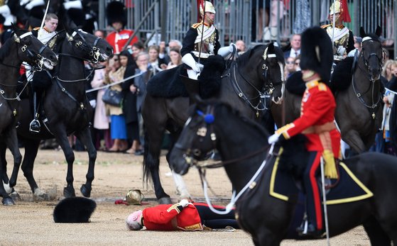 이날 행사 도중 한 기병대원이 말에서 떨어지는 사고가 났다. [EPA=연합뉴스]