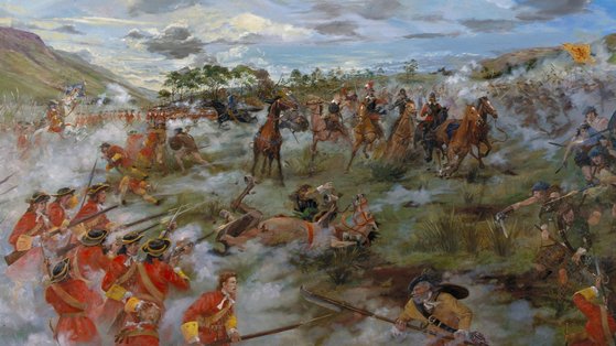 클리클랭키 전투에서 칼과 방패로 무장한 스코틀랜군에게 참패한 영국군. 이 전투 이후 플러그식 총검이 대대적으로 보급됐다. [사진 National Trust for Scotland]