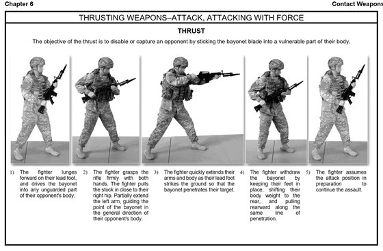 미 육군 교육회장(Training Circular) 3-25.150(2017년판)에 나온 찔러(Thrust) 총검 동작. [미 육군 출판국 캡처]