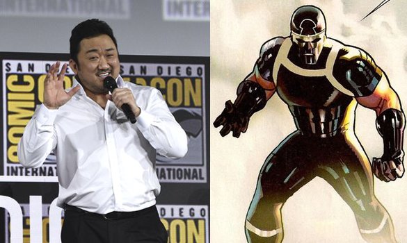 20일 미국 샌디에고에서 열린 코믹콘 행사장에 참석한 마동석(왼쪽), 영화 '이터널스'의 '길가메시' 캐릭터. [AP=연합뉴스, 트위터]