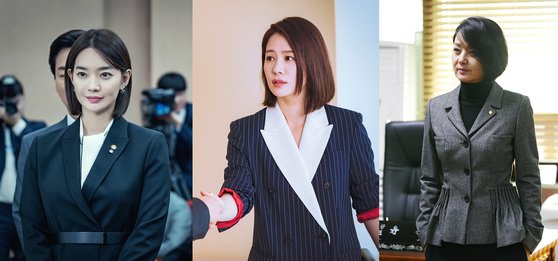 왼쪽부터 드라마 '보좌관'의 신민아, '왓쳐'의 김현주, '60일, 지정생존자'의 배종옥. 성공한 여성 정치인과 법조인의 패션이 새롭게 조명되고 있다. [사진 JTBC OCN tvN]