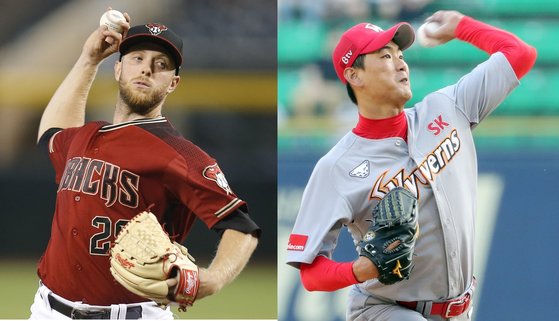 애리조나 투수 켈리(왼쪽)와 SK 투수 김광현. [AP=연합뉴스, 중앙포토]