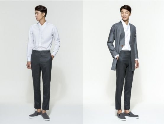 기로에의 '깃셔츠'와 한복 스타일의 정장. 한복의 여밈 형태를 반영한 모던 디자인으로 일상복에 매치해도 어색하지 않다. 이 한복 정장은 자동차 브랜드 제네시스에서 스튜디오 유니폼으로 활용하고 있다. [사진 제네시스]