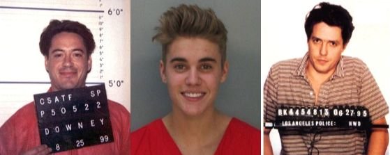 왼쪽부터 로버트 다우니 주니어, 저스틴 비버, 휴 그랜트의 머그샷. [중앙포토]