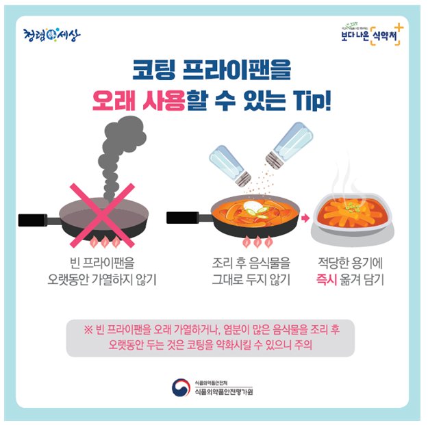 코팅 프라이팬 올바른 사용법. [자료 식약처]