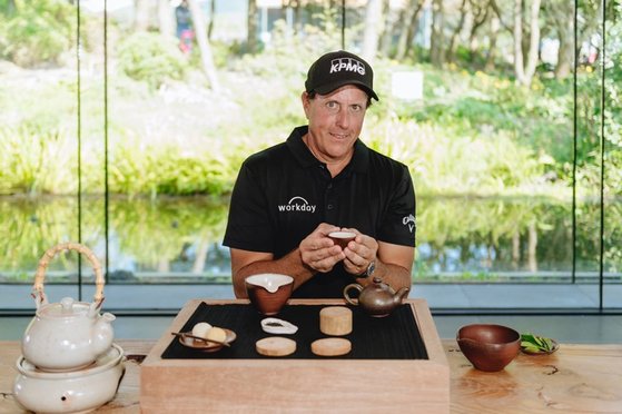 15일 제주도 다원에서 다도 체험을 하는 미켈슨. [사진 JNA 골프]