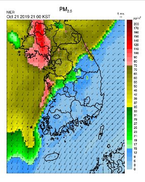21일 오후 9시 미세먼지 예측 모델자료. [자료 한국환경공단 에어코리아]