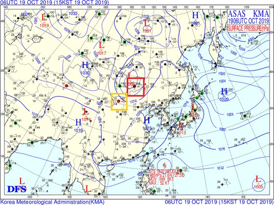 지난 19일 몽골과 중국 내몽골 사막에서 발원한 황사의 위치. 빨간색 사각형이 몽골 사막지대에서 발원한 황사, 주황색 사각형이 중국 내몽골 사막에서 발원한 황사의 위치다. [자료 기상청]