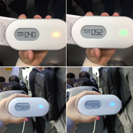 지난 10일 오전 지하철 3호선을 타고 측정한 미세먼지 수치. 홍제역에서 사람들이 우르르 탑승하자 PM2.5는 ㎥ 당 40㎍ PM10은 52㎍까지 치솟았다. 2층버스에서도 하차를 위해 1층으로 내려오자 PM2.5는 14㎍ PM0 15㎍로 다소 높아졌다. 박해리 기자, 이희수 인턴