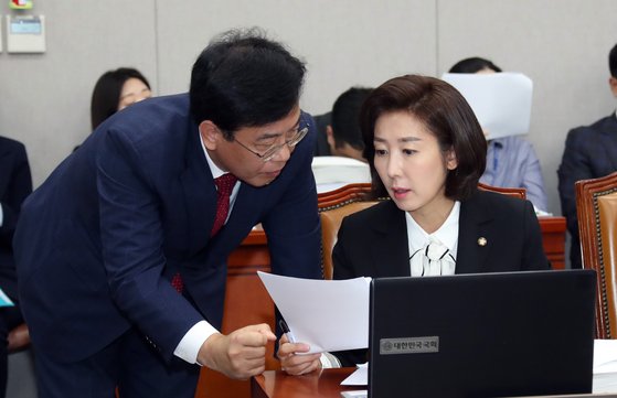 나경원 자유한국당 원내대표(오른쪽)가 25일 오전 서울 여의도 국회에서 열린 운영위원회의 국가인권위원회에 대한 국정감사에서 같은당 송언석 의원과 이야기를 나누고 있다. 변선구 기자