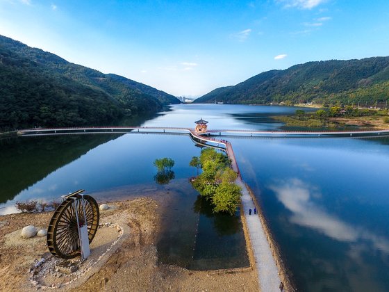 송해공원 출렁다리. 중앙의 정자에서 가을 절경을 누릴 수 있다. [사진 대구관광뷰로]