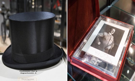 20일 독일 뮌헨 경매장에 나온 아돌프 히틀러의 모자와 사진.[로이터=연합뉴스]