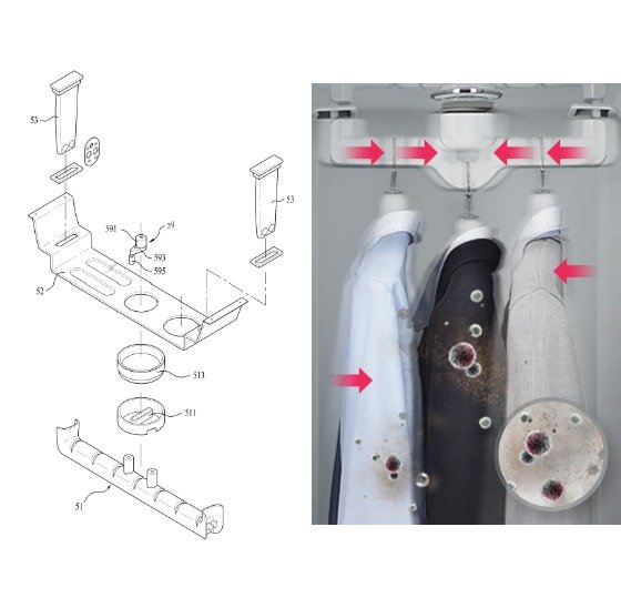 LG전자 의류관리기의 '무빙행어' 특허 자료(왼쪽)와 작동 원리. 모터가 돌아가는 회전 운동을 좌우 직선 운동으로 바꿔 강한 힘으로 옷을 털어준다. [사진 LG전자]