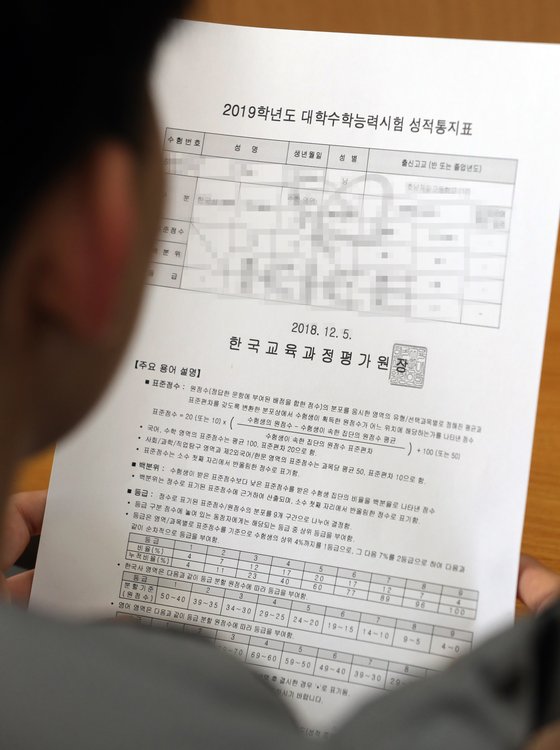 2020학년도 대학수학능력시험 수능 성적 발표일을 이틀 남겨놓고 일부 수험생이 평가원 홈페이지에서 성적을 확인한 것으로 알려지면서 논란이 거세다. 사진은 지난해 12월 5일 2019학년도 수능 성적표를 배부받은 학생의 모습. [뉴스1]