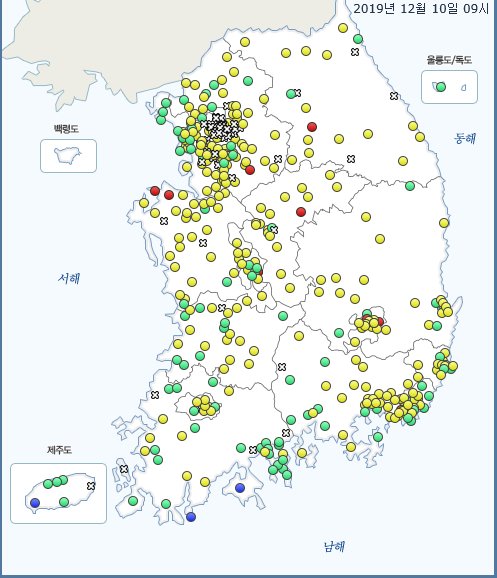 전송 오류로 서울시내 대부분 측정소 자료가 뜨지 않은 오전 9시 현황. [자료 한국환경공단 에어코리아]