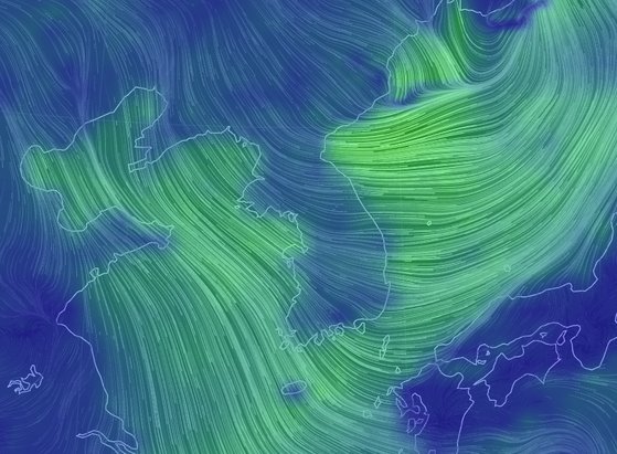 11일 오후 4시 한반도 인근 바람 현황. 매우 강한 북서풍이 한반도 전역에 불고 있다. [자료 기상청]