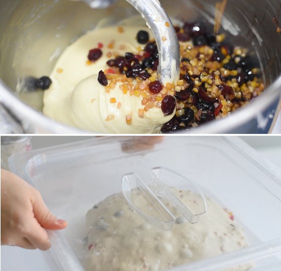 럼에 재웠던 건과일은 체에 걸러 물기를 빼준 뒤 반죽에 섞어준다. [사진 밀로 베이킹 스튜디오]