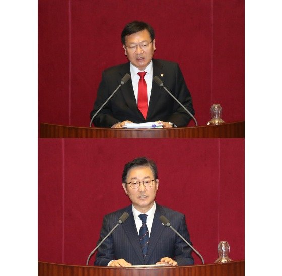 서울 여의도 국회 본회의장에서 '고위공직자범죄수사처(공수처) 법안'에 대한 필리버스터가 이어지고 있다. 정점식 자유한국당 의원(위)와 박범계 더불어민주당 의원(아래)이 발언을 하고 있다.