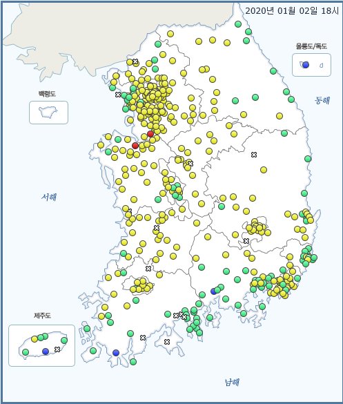 전국 대부분 지역이 '나쁨' 수준을 보이는 2일 오후 6시 전국 대기질 농도. 3일과 4일은 2일보다 더 나쁜 대기질이 예상된다. [자료 한국환경공단]
