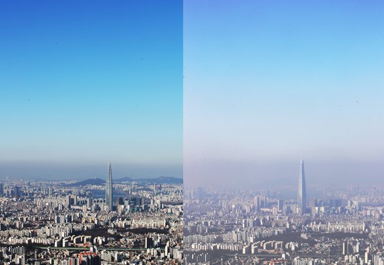 전국 대부분 미세먼지 농도가 나쁨 수준을 보인 3일 오전 경기도 광주시 남한산성에서 바라본 서울 도심(오른쪽)이 뿌옇다. 지난 31일 같은 위치에서 촬영한 서울 도심(왼쪽)은 선명하게 보인다. [연합뉴스]