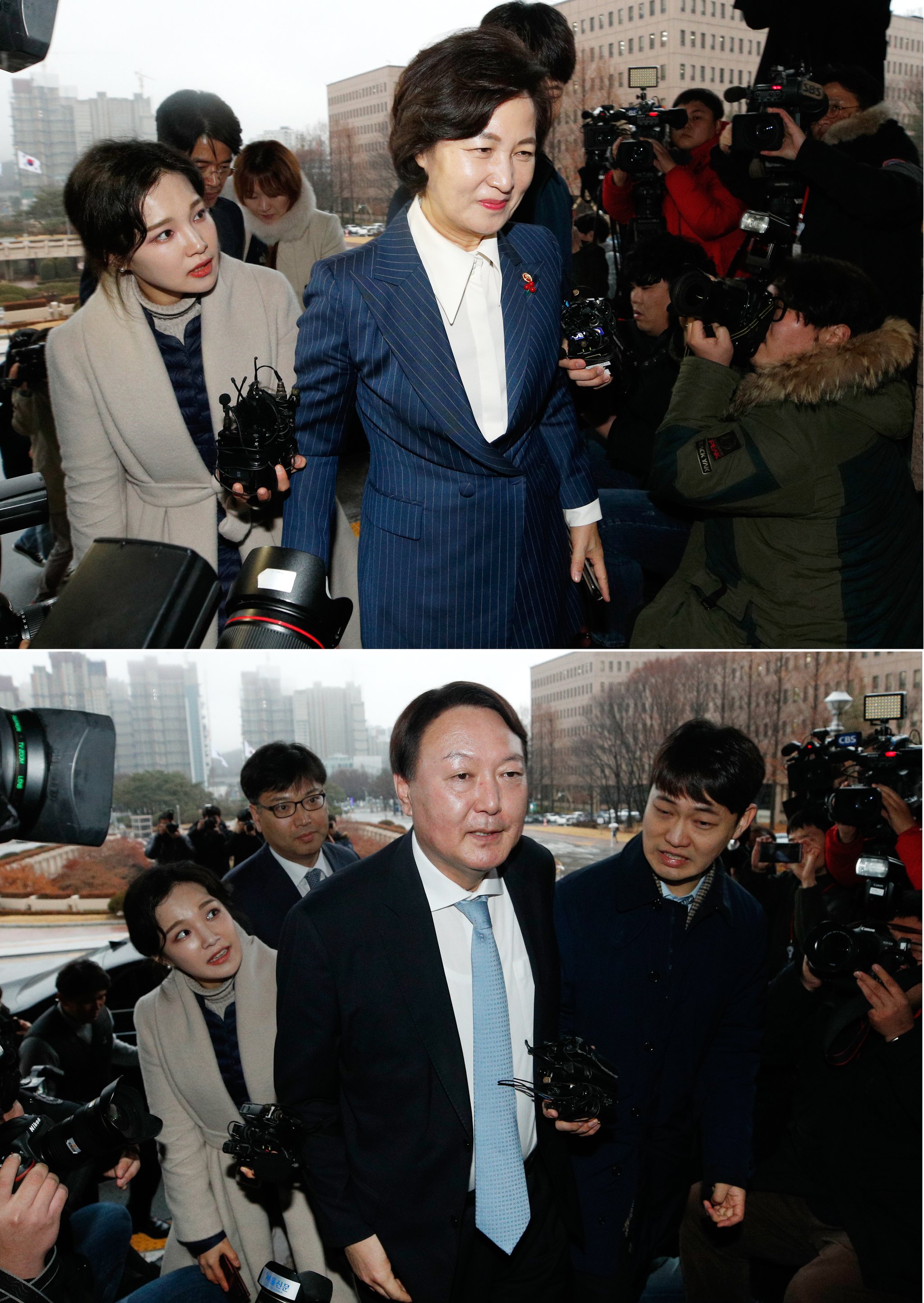 정부과천청사 법무부로 들어서는 추미애 법무부 장관(위)과 윤석열 검찰총장. [뉴스1]