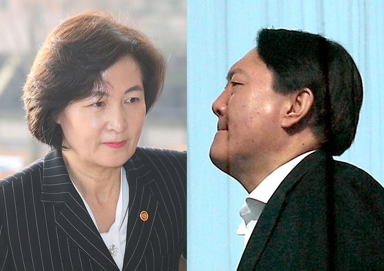 10일 오전 추미애 법무부 장관(왼쪽)이 경기도 정부과천청사 내 법무부로 출근하고 있다. 이날 오후 윤석열 검찰총장이 서울 서초구 대검찰청에서 구내식당으로 향하고 있다. [연합뉴스]