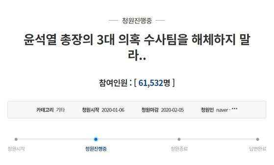 윤석열 검찰총장의 수사팀을 해체하지 말라는 청와대 국민청원이 5일 만에 6만 명 동의를 넘어섰다. [홈페이지 캡처]