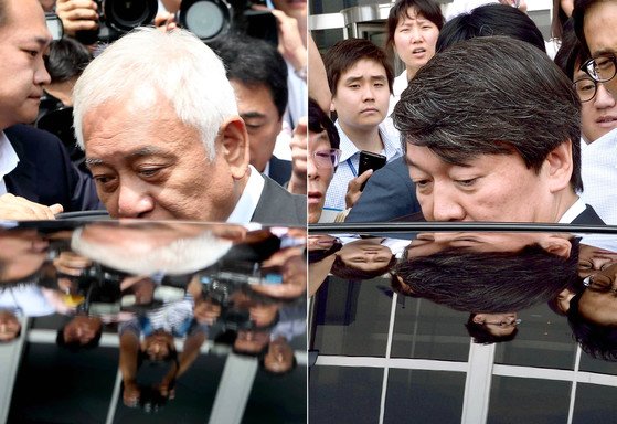 재보궐선거에서 참패한 새정치민주연합 지도부가 2014년 국회 대표실에서 비공개 최고위원회의를 열고 향후 거취에 대해 논의했다. 김한길 공동대표가 사퇴의사를 밝힌 뒤 국회를 나서고 있다. 안철수 공동대표는 회의를 마치자 마자 국회를 떠났다. [중앙포토]