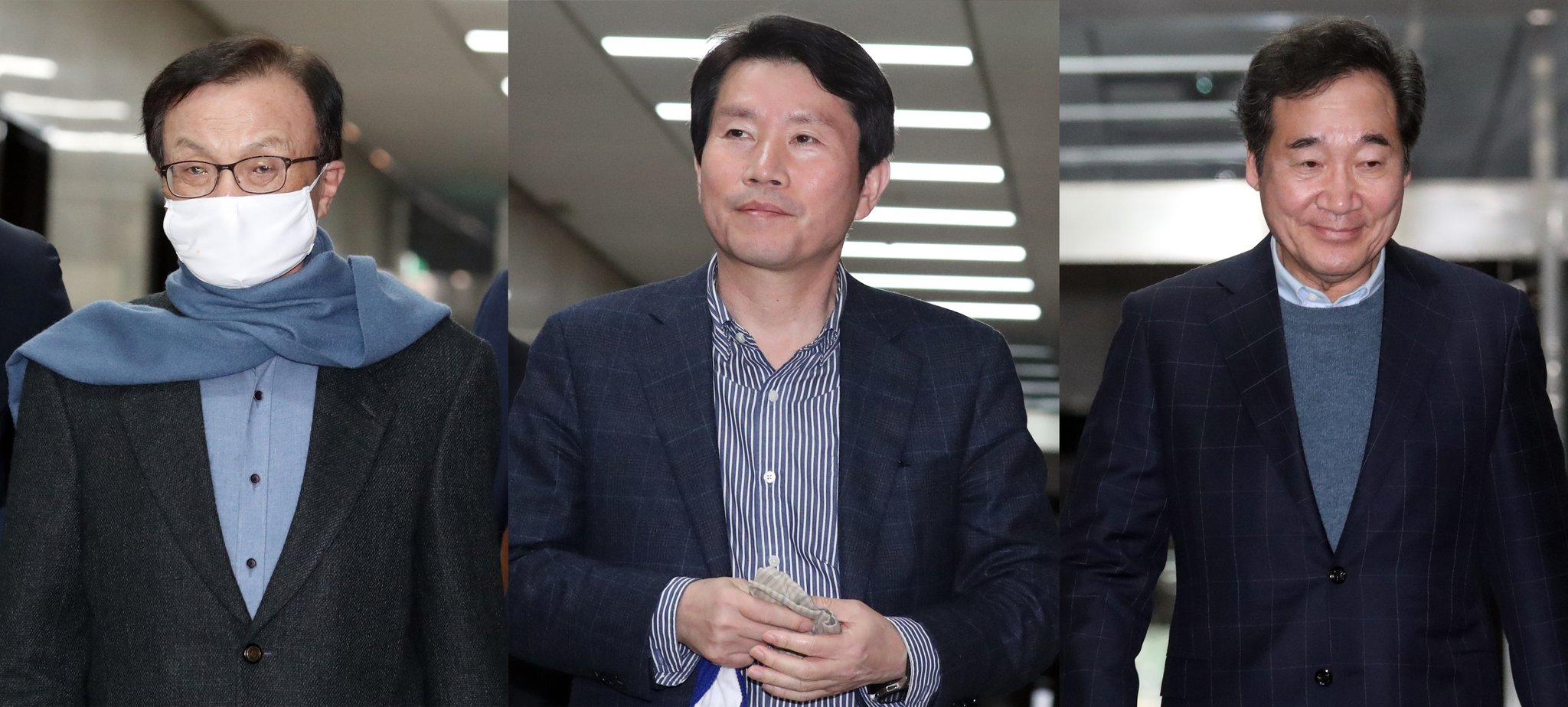 이해찬 더불어민주당 대표,이인영 원내대표, 이낙연 상임 공동 선대위원장이 8일 서울 여의도 국회에서 열린 비공개 최고위원회의에 참석하고 있다. 뉴스1