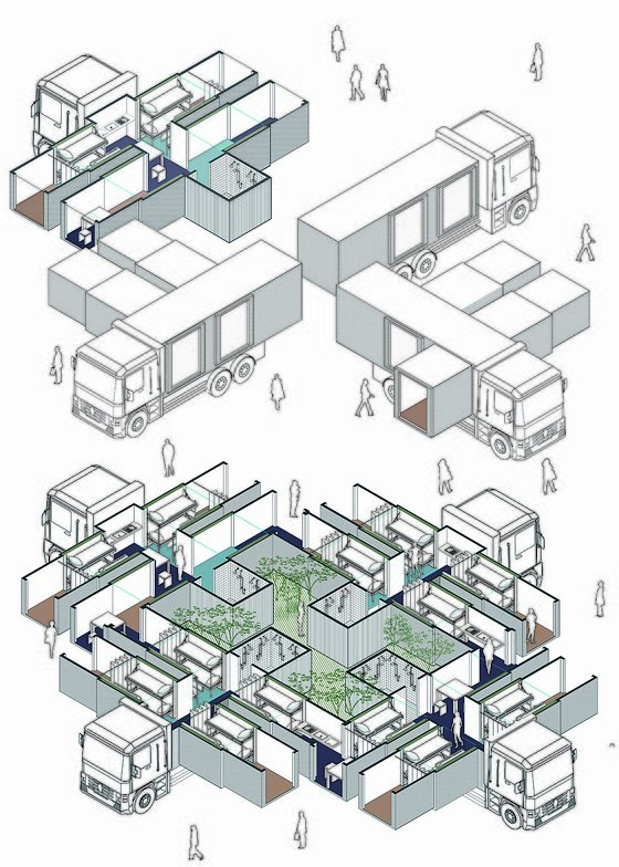 건축가 장윤규씨가 트럭과 콘테이너를 활용해 고안한 긴급재난 거주 및 치료 시설.