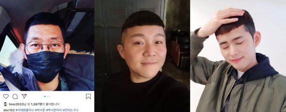 최근 '박새로이 머리'를 한 연예인들. 왼쪽부터 가수 김창열, 개그맨 조세호와 손민수. 사진 인스타그램 캡처