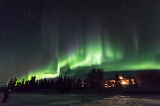 캐나다 화이트호스의 눈 덮인 호수에서 기적처럼 오로라를 만났다. 이렇게 초록빛 커튼이 일렁이는 것 같은 오로라를 보려면 KP 지수가 3~4 정도는 돼야 한다. 오로라는 지표면으로부터 100㎞ 높이에 펼쳐지는데 이날은 손에 잡힐 것 같았다.