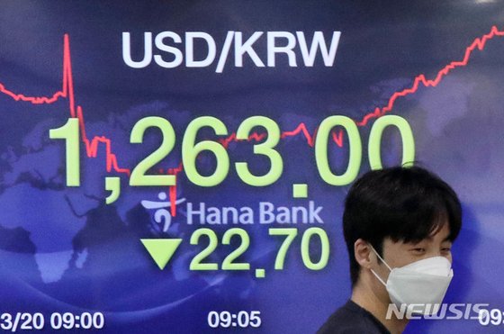 20일 오전 서울 중구 하나은행 딜링룸에서 딜러들이 업무를 보고 있다. 이날 원달러 환율은 전 거래일(1285.7원)보다 32.0원 내린 1253.7원에 거래를 출발했다. 뉴시스