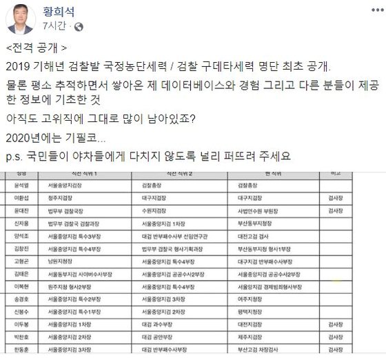황희석 전 법무부 인권국장이 '검찰 쿠데타세력'이라며 페이스북에 공개한 검사 명단 [황희석 페이스북 캡처]