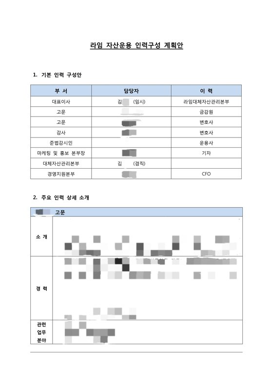 중앙일보가 지난 1월 확보한 '라임자산운용 인력구성 계획안' 문건. 정용환 기자