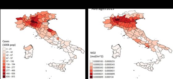 왼쪽은 이탈리아의 인구 10만 명당 확진자 숫자, 오른쪽은 이산화질소 농도를 보여주는 지도다. [자료: 스위스 제네바대학]