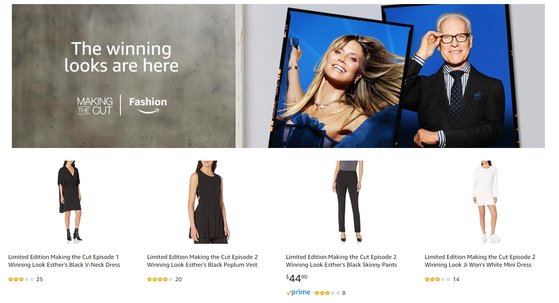 '메이킹 더 컷'의 각 회차 우승자의 의상을 바로 판매하고 있는 아마존. 사진 아마존 홈페이지