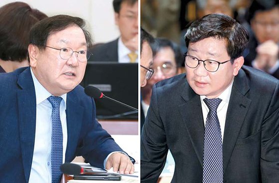 더불어민주당의 21대 국회 첫 원내대표 자리를 두고 물밑에서 경쟁이 시작됐다. 사진은 원내대표 후보로 거론되고 있는 김태년(왼쪽)·전해철 의원. [연합뉴스]