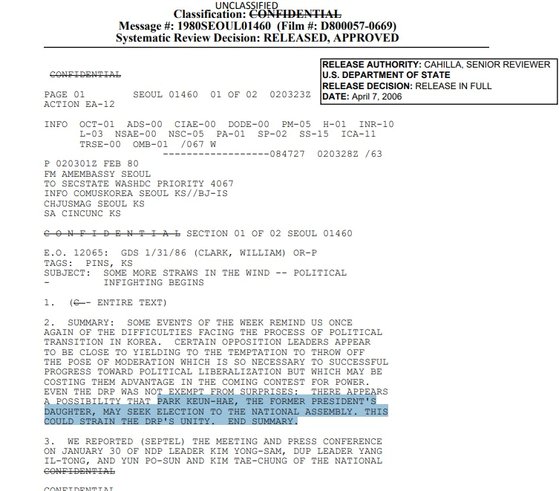 박정희 전 대통령의 딸 박근혜가 차기 총선 출마를 희망했다는 내용이 기록되 있다. 사진 5·18 민주화운동기록관 캡처