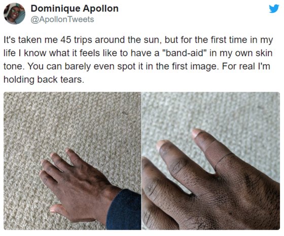 2019년 검은 피부의 남성이 자신의 피부색에 맞는 반창고를 처음 붙여봤다면서 인증한 사진이 큰 반향을 얻었다. [트위터]