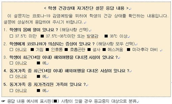 교육부가 만든 온라인 학생 자가진단표 예시 [교육부 제공]