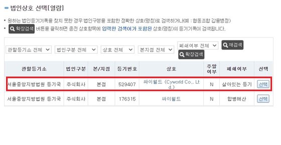 싸이월드 법인등기는 살아있는 상태다. [사진 인터넷등기소 캡처]