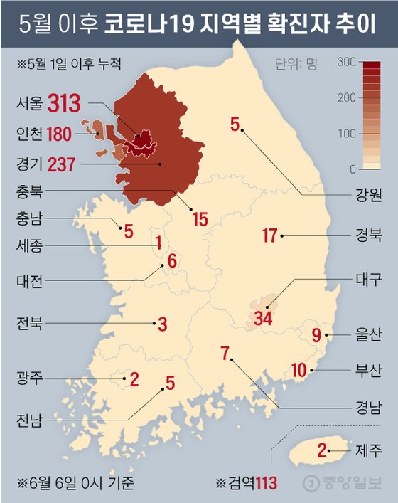 6월 6일 지역별 누적 확진자. 그래픽=차준홍 기자 cha.junhong@joongang.co.kr