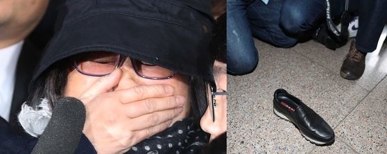 2016년 10월 검찰에 첫 소환된 최서원씨는 "용서해 주십시오. 죄송합니다. 죽을죄를 지었습니다"라며 울먹였다. 몰려든 취재진과 시위단 속에 '프라다' 신발 한 짝이 벗겨진 모습이 화제가 되기도 했다. [연합뉴스]